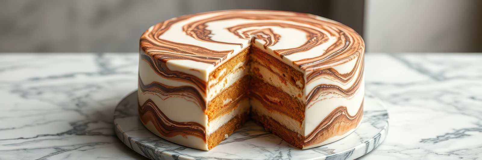 Decadent marble cake on a marble platter showcasing intricate layers and textures in a modern kitchen setting